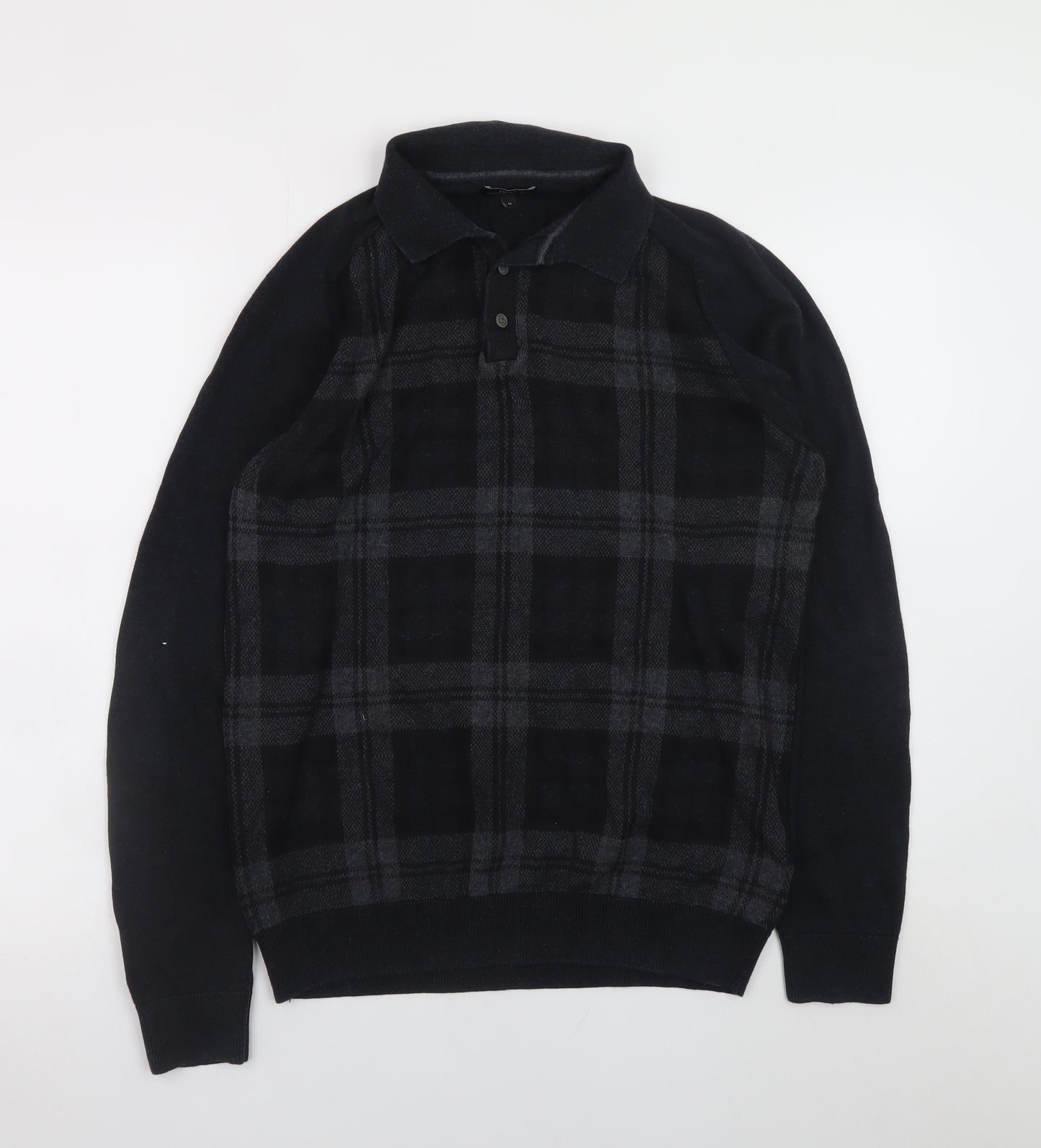 Next Men's Black Check Collared Cotton Long Sleeve Casual Shirt M