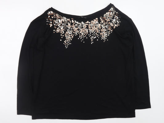 Next Women Black Sequin Boat Neck Long Sleeve Top Size 12