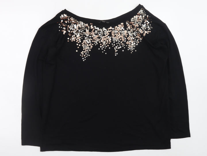 Next Women Black Sequin Boat Neck Long Sleeve Top Size 12