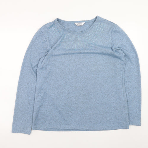 Classic Womens Blue Long Sleeve Rhinestone Crew Neck T-Shirt Size 14