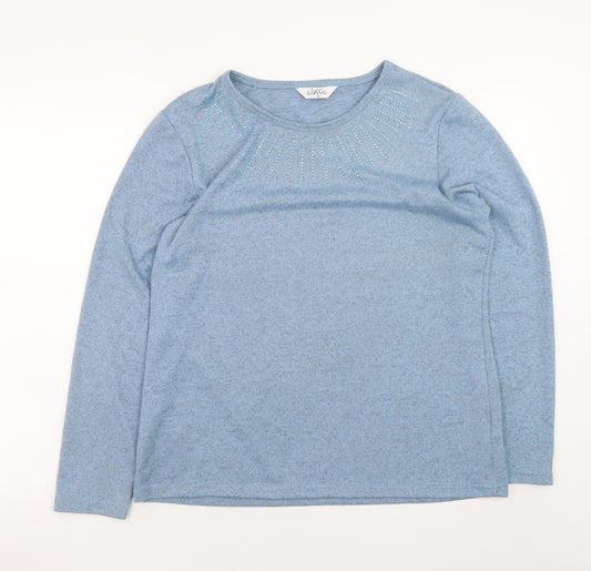 Classic Womens Blue Long Sleeve Rhinestone Crew Neck T-Shirt Size 14