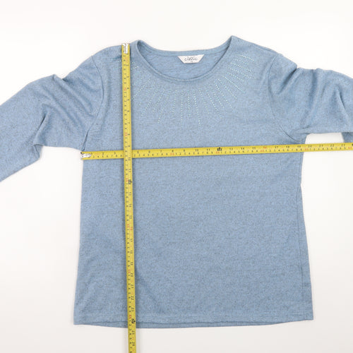 Classic Womens Blue Long Sleeve Rhinestone Crew Neck T-Shirt Size 14
