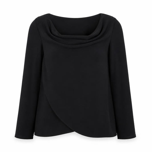 Front view of Paraphrase Women's Black Cowl Neck Long Sleeve Wrap Blouse, size 12