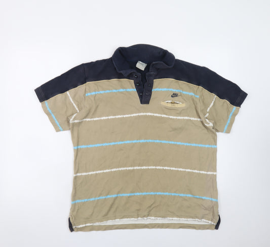 Nike Men's Beige & Navy Striped Polo Shirt Size L Cotton Casual