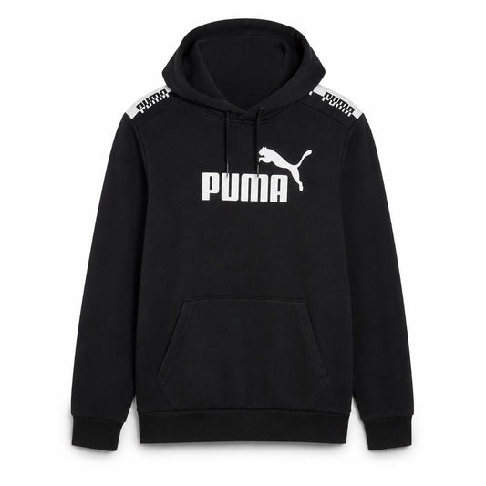 Front view of Puma Men's Black Pullover Hoodie M Graphic Logo Fleece Sweatshirt