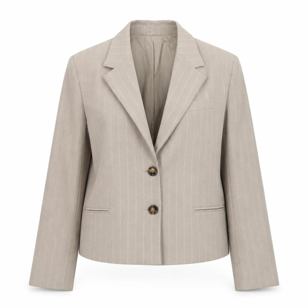 Front view of Mango Women Beige Pinstripe Linen Cotton Blazer, size S
