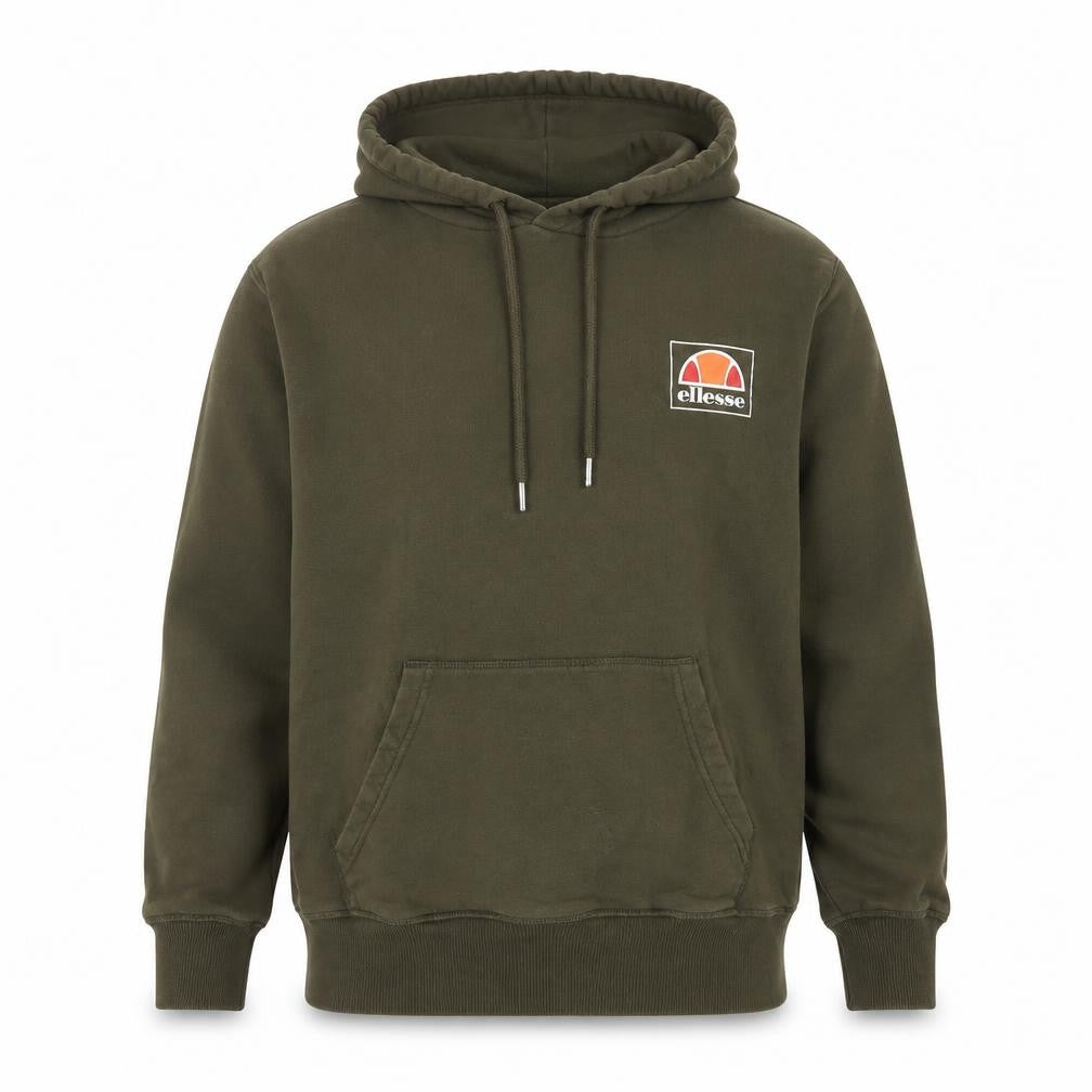 Front view of Ellesse Men's Green Pullover Hoodie, size M, Logo Fleece Sweatshirt