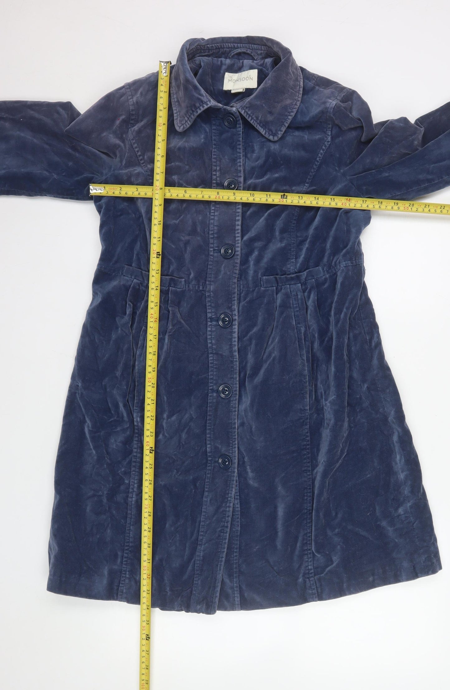 Monsoon Women's Blue Long Velvet Cotton Overcoat Size 12
