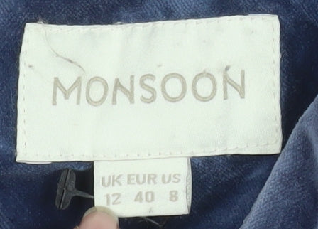 Monsoon Women's Blue Long Velvet Cotton Overcoat Size 12