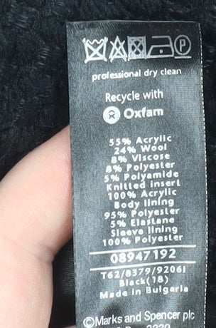 Marks and Spencer Per Una Women Black Wool Blend Long Coat Size 18