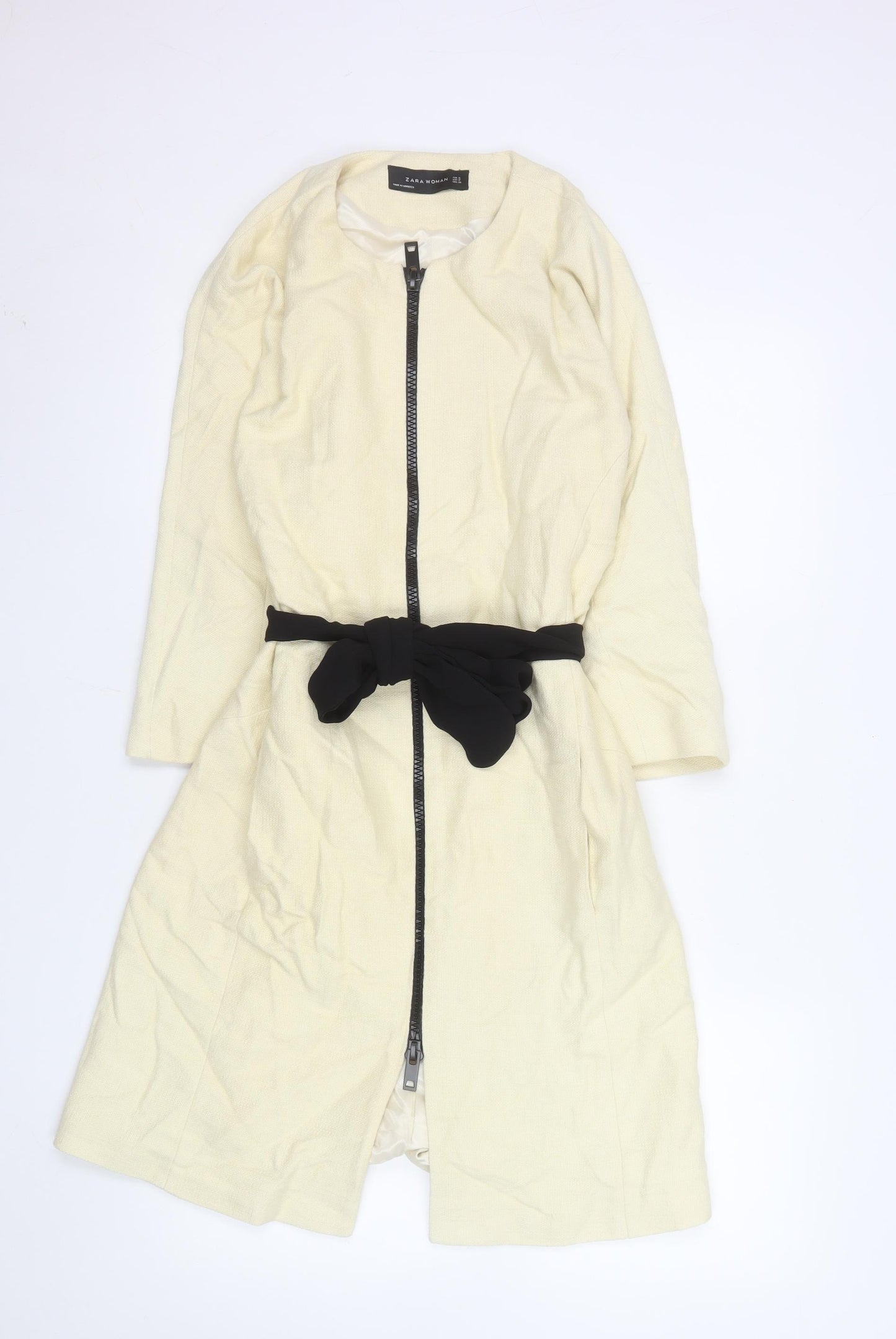 Zara Woman Ivory Cotton Blend Mid-Length Belted Coat Size 8