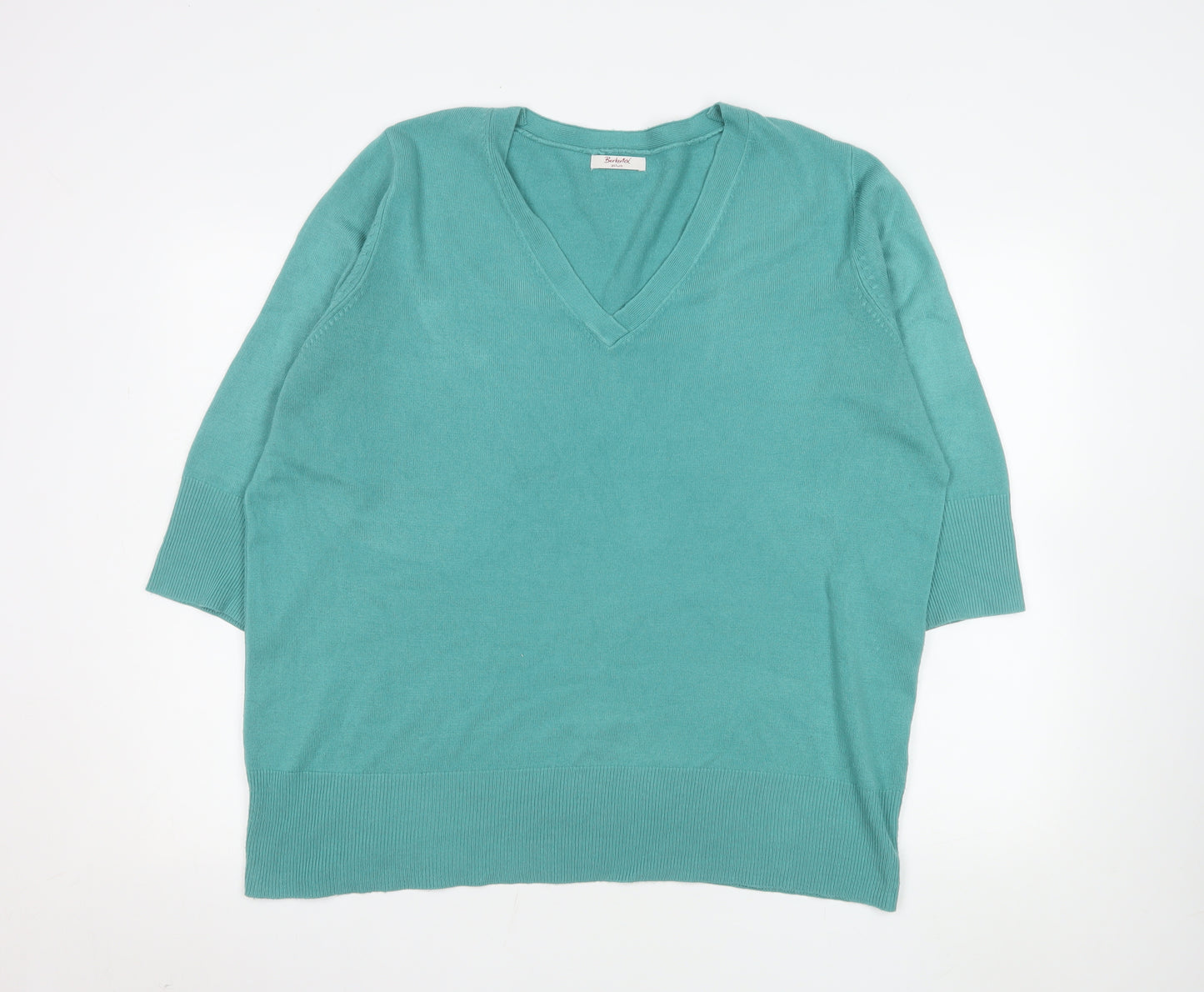 Berkertex Plus Women's Green V-Neck 3/4 Sleeve Acrylic Jumper Size 22-24