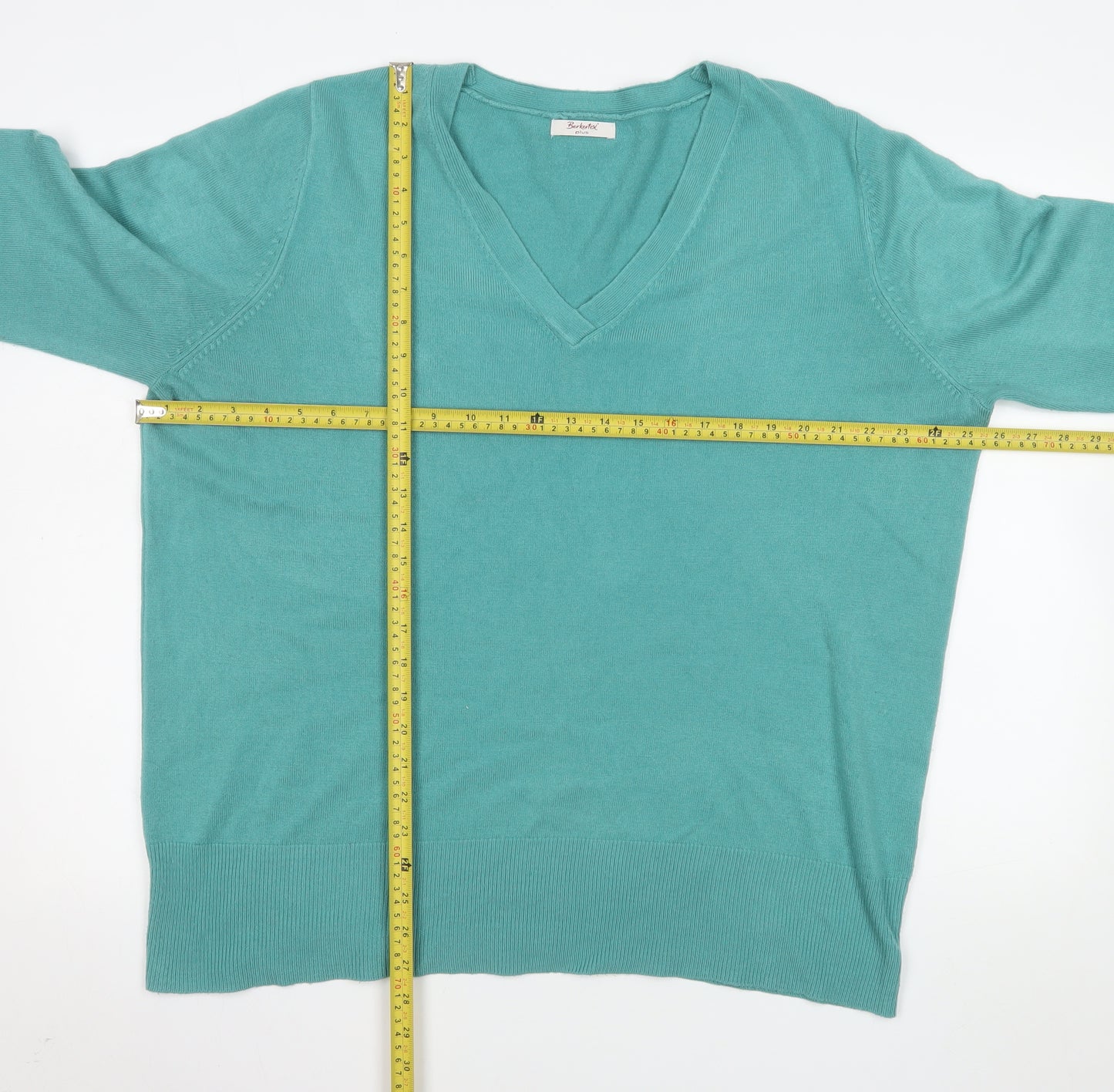 Berkertex Plus Women's Green V-Neck 3/4 Sleeve Acrylic Jumper Size 22-24