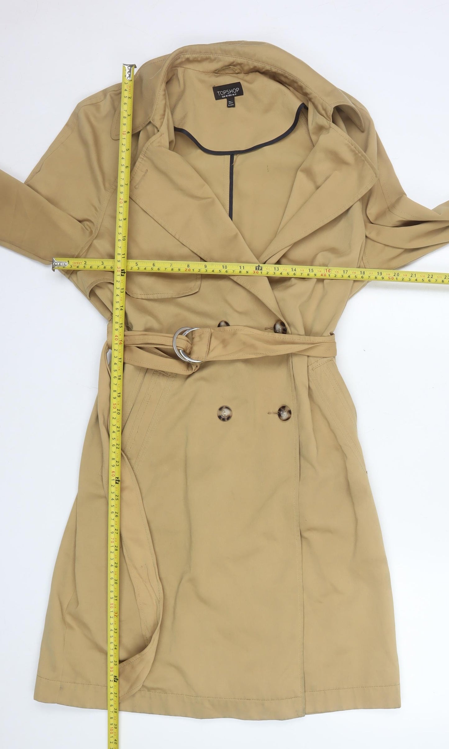 Topshop Women’s Beige Long Trench Coat Belted UK 12 Classic Style