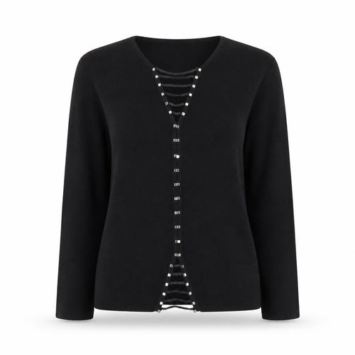 Roman Originals Women Black Studded V-Neck Long Sleeve Knit Blouse Size S