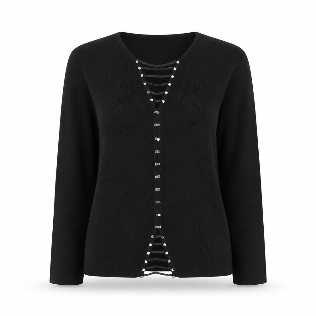 Roman Originals Women Black Studded V-Neck Long Sleeve Knit Blouse Size S