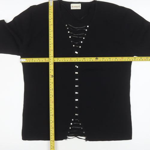 Roman Originals Women Black Studded V-Neck Long Sleeve Knit Blouse Size S