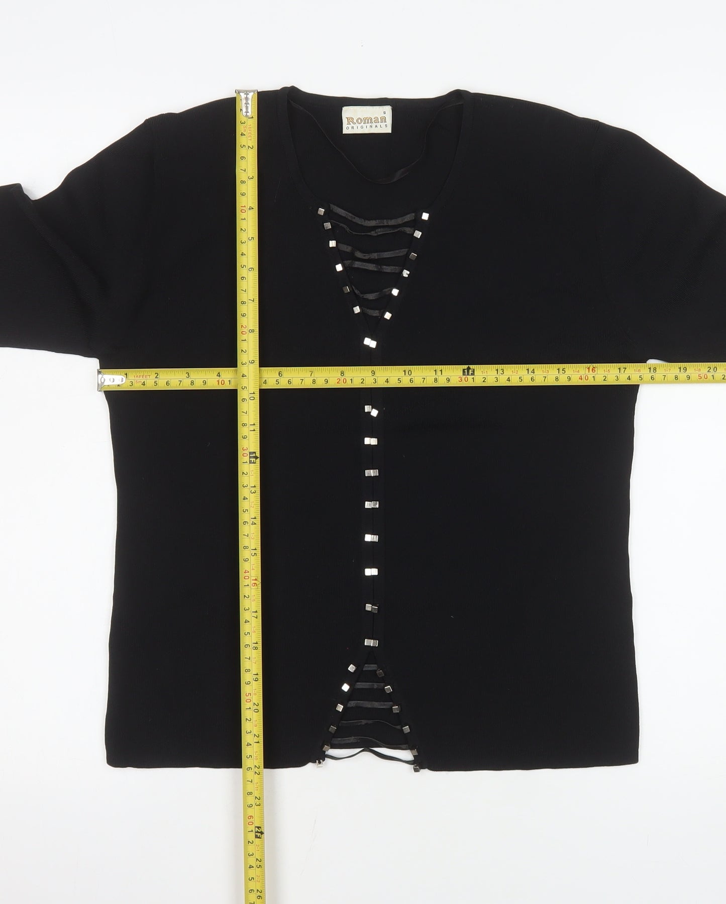Roman Originals Women Black Studded V-Neck Long Sleeve Knit Blouse Size S
