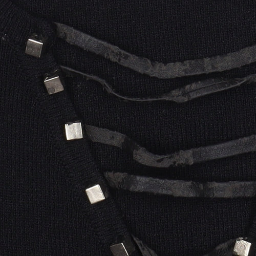 Roman Originals Women Black Studded V-Neck Long Sleeve Knit Blouse Size S