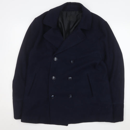 ASOS Men's Navy Wool Blend Pea Coat L 40in Chest Double Breasted