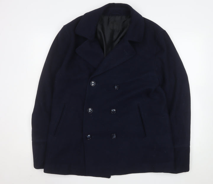 ASOS Men's Navy Wool Blend Pea Coat L 40in Chest Double Breasted