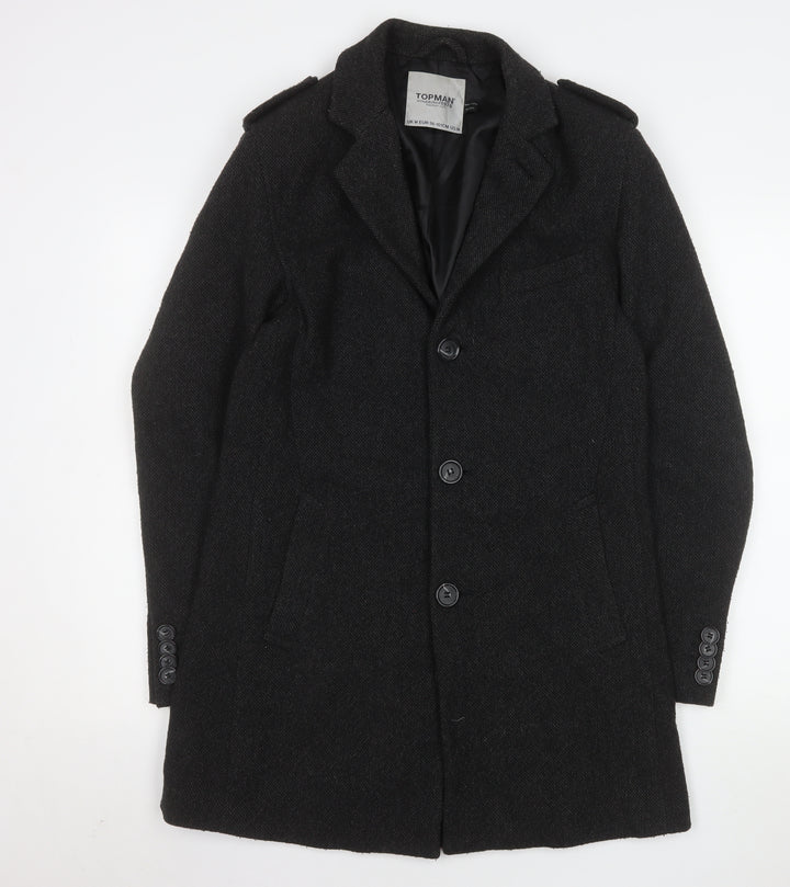 Topman Men's Black Wool Blend Mid-Length Overcoat Size M