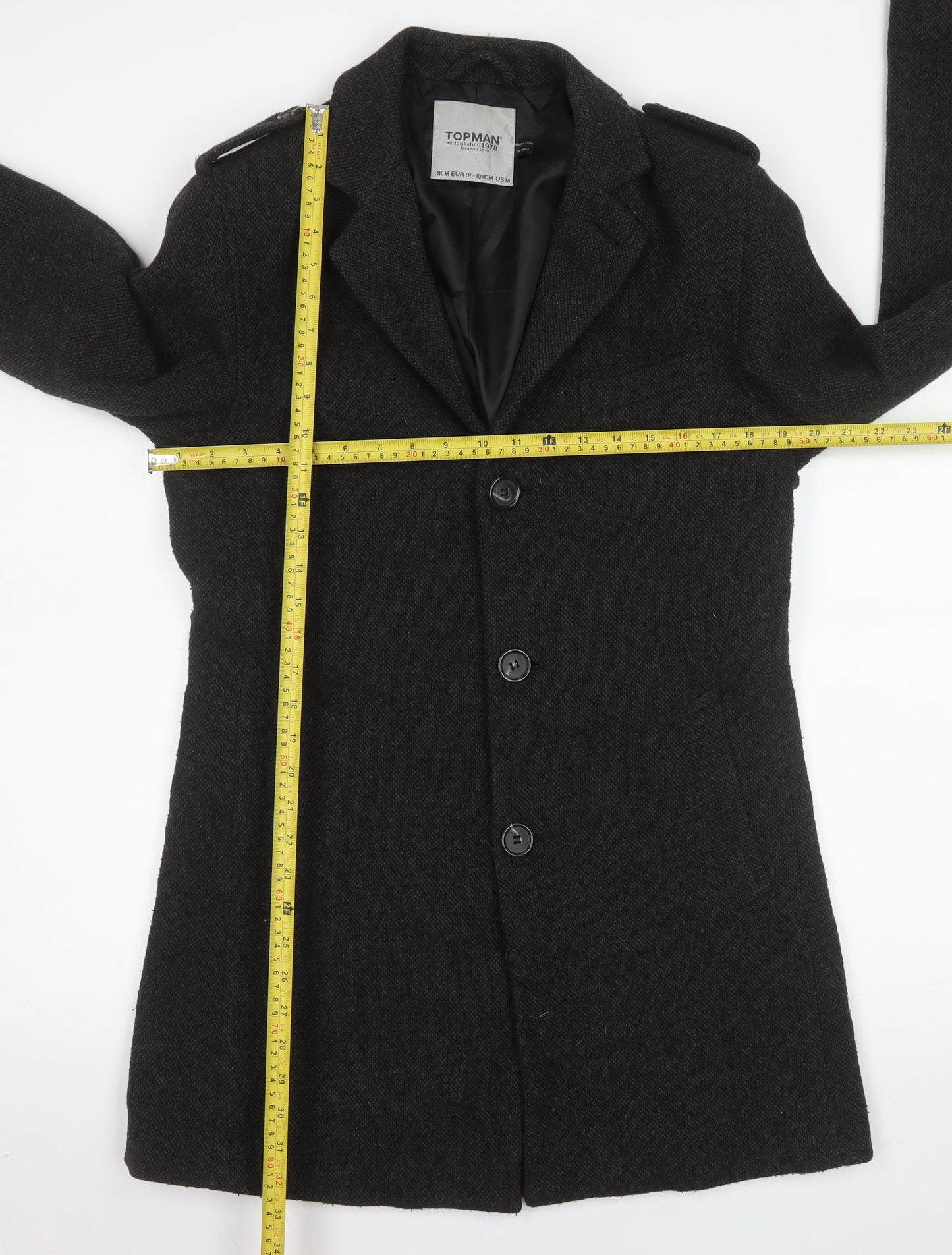 Topman Men's Black Wool Blend Mid-Length Overcoat Size M