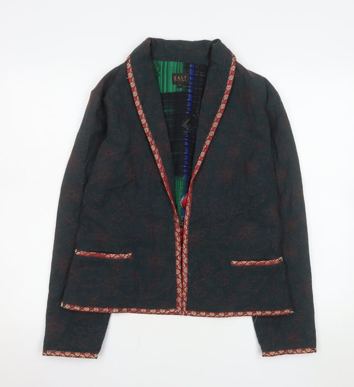 EAST Women Green Floral Cotton Lined Shawl Lapel Blazer Size 12