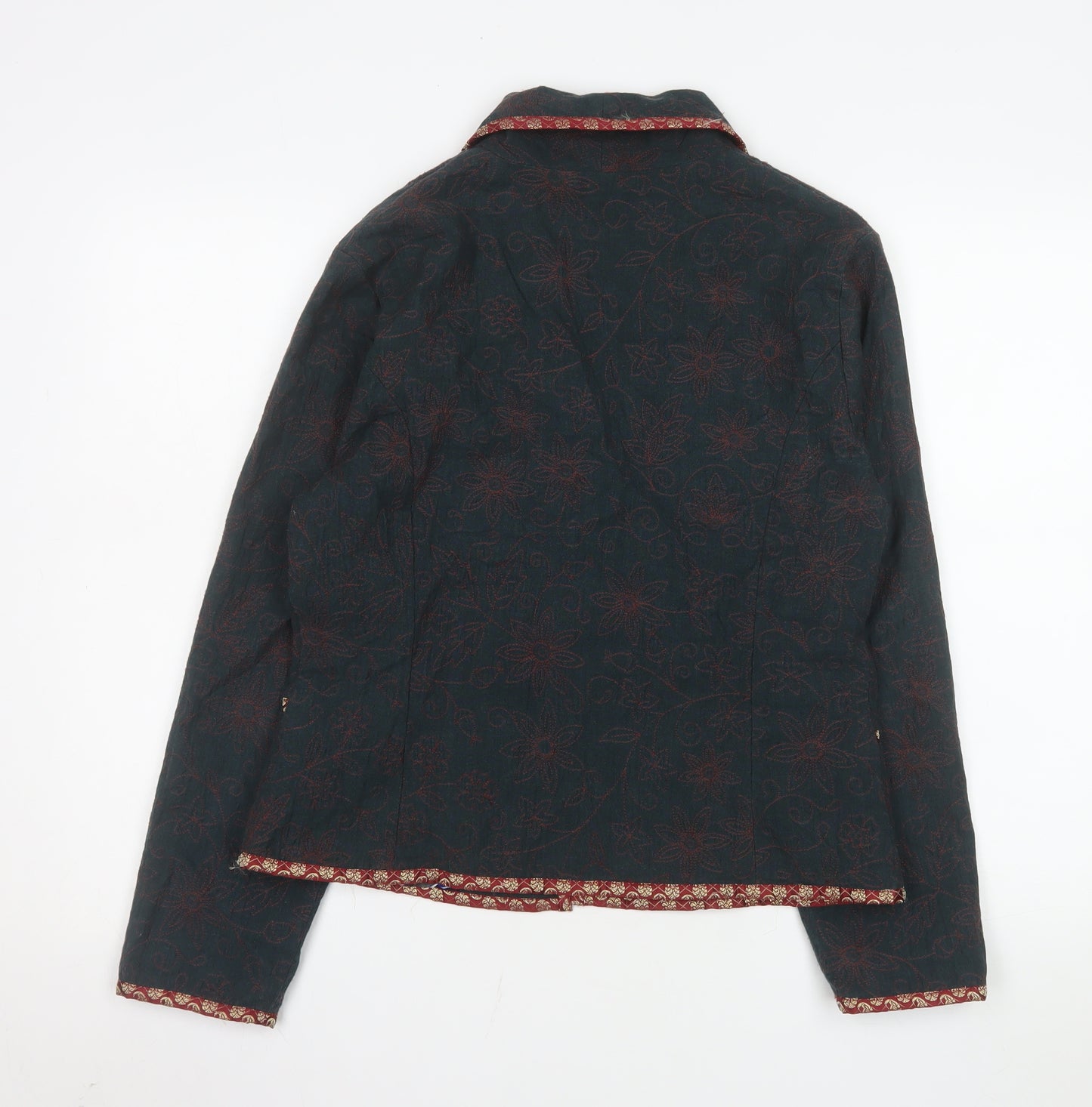 EAST Women Green Floral Cotton Lined Shawl Lapel Blazer Size 12