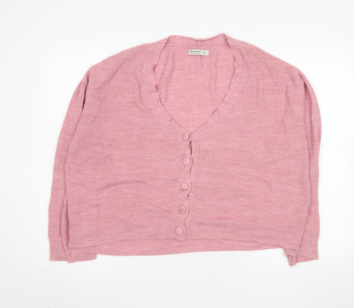 Stradivarius Women’s Pink Acrylic Knit V-Neck Cardigan Size 14
