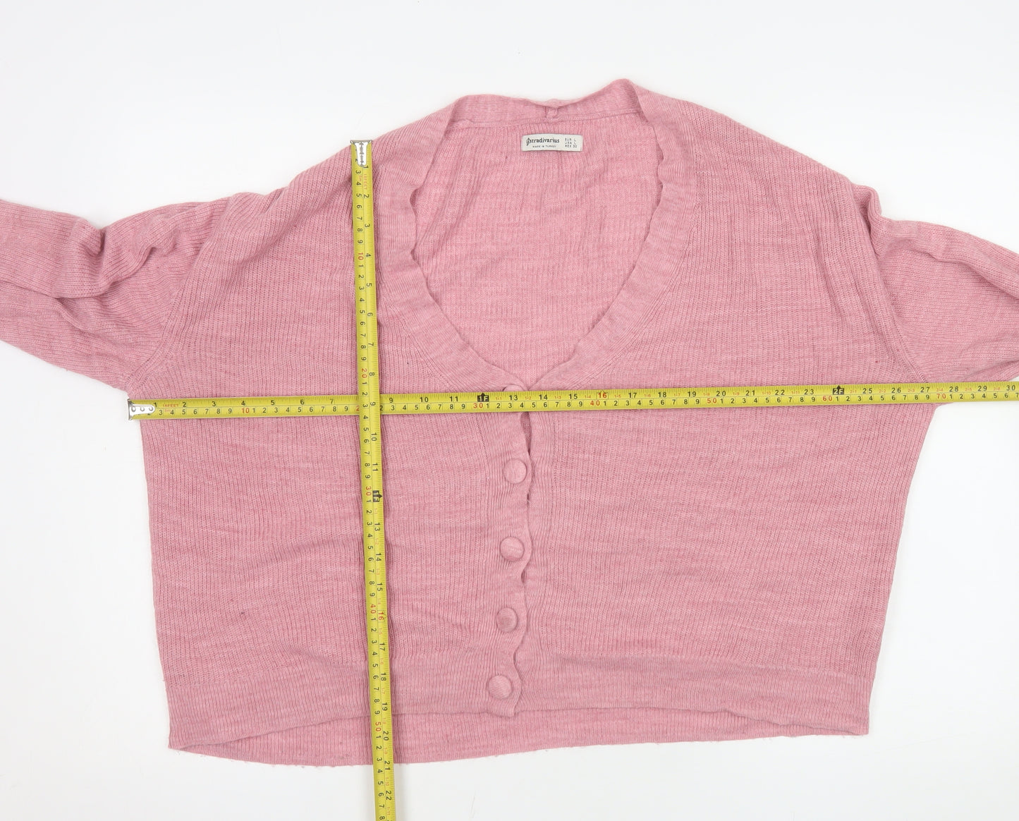 Stradivarius Women’s Pink Acrylic Knit V-Neck Cardigan Size 14