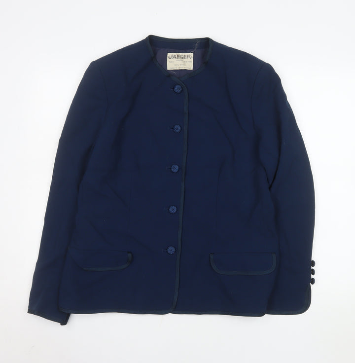 Jaeger Women's Blue Wool Blazer Size 16 Classic Tailored Jacket