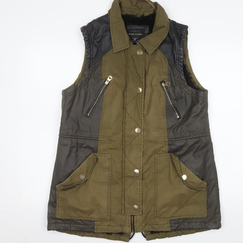 River Island Women Green Quilted Waistcoat UK 14 Faux Leather Trim