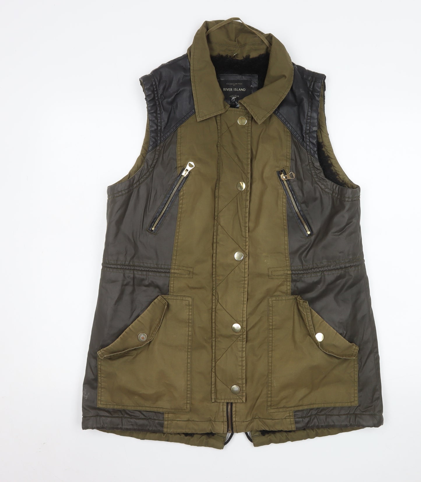 River Island Women Green Quilted Waistcoat UK 14 Faux Leather Trim