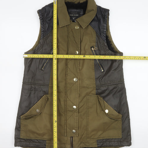 River Island Women Green Quilted Waistcoat UK 14 Faux Leather Trim