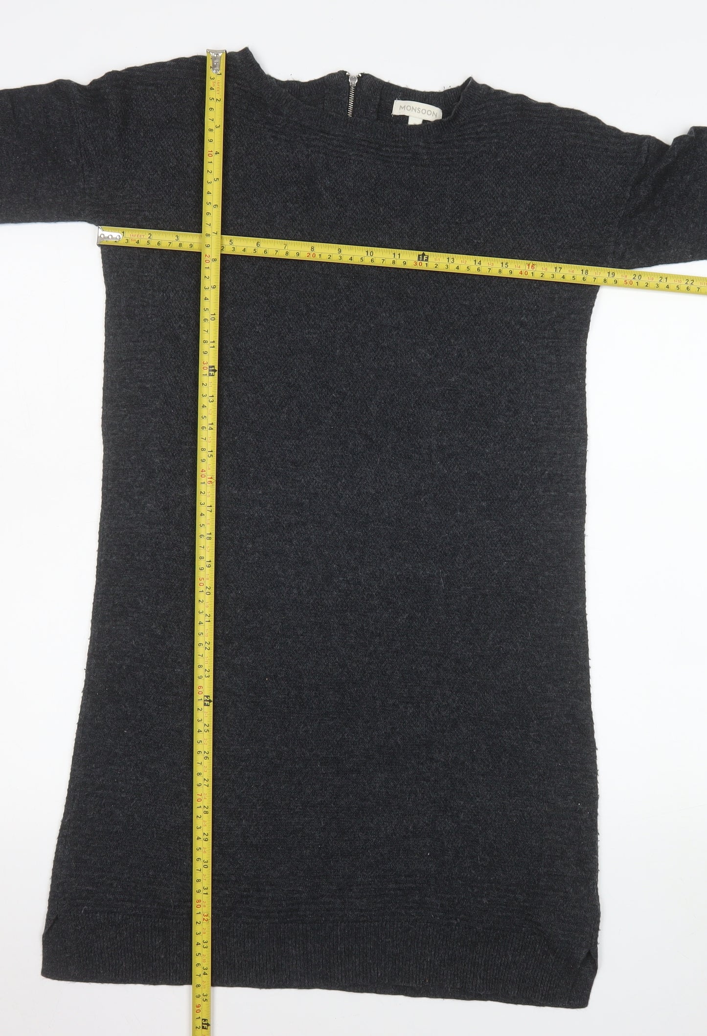 Monsoon Women Grey Shift Knit Dress Size S Half Sleeve Zip Back