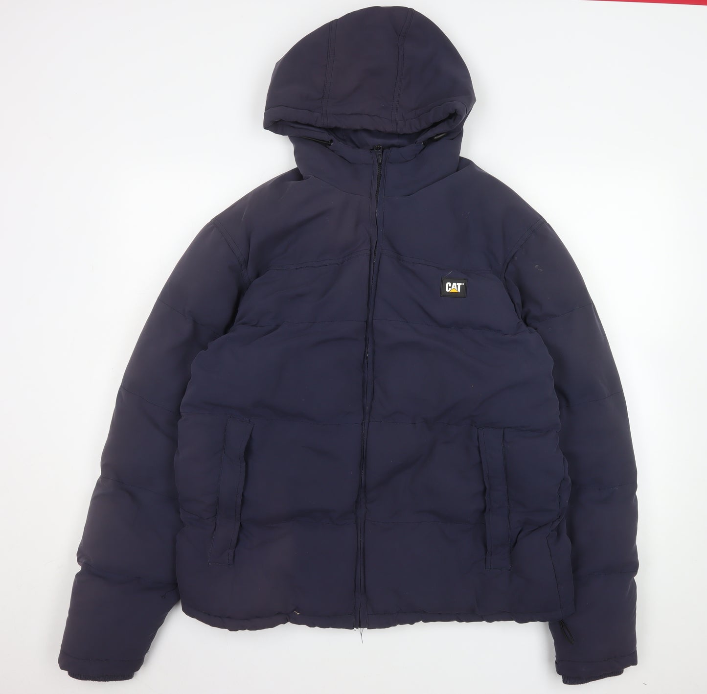 CAT Men’s Blue Hooded Puffer Jacket L Polyester Winter Workwear