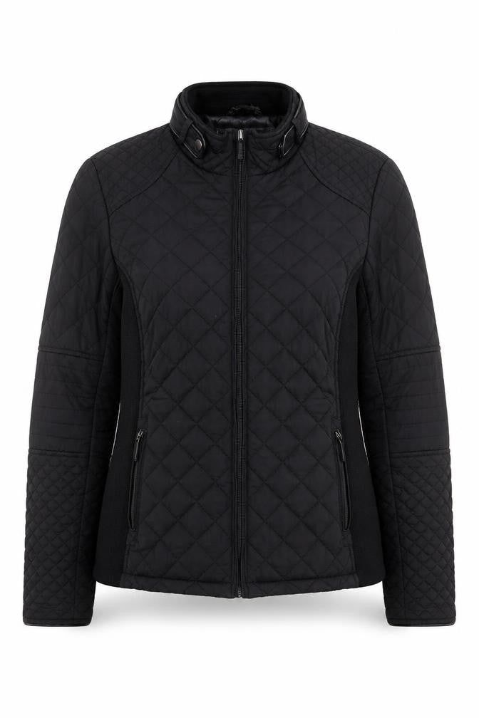 Front view of Weatherproof women’s black quilted zip jacket m mid-length polyester