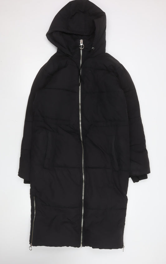 Topshop Women Black Long Puffer Coat Hooded Size 8
