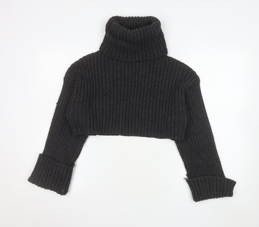 Zara Women Black Chunky Knit Roll Neck Cropped Wool Blend Jumper S
