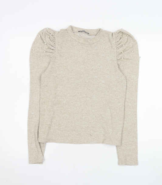 Zara Womens Beige Puff Sleeve Beaded Knit Top Size 12