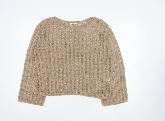 Tu Women Beige Open-Knit Cotton Blend Pullover Jumper Size 12