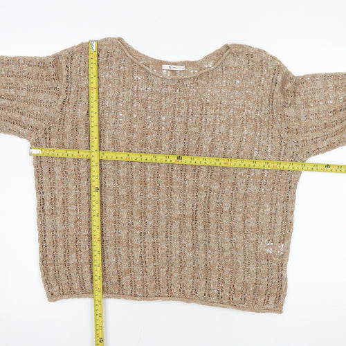 Tu Women Beige Open-Knit Cotton Blend Pullover Jumper Size 12