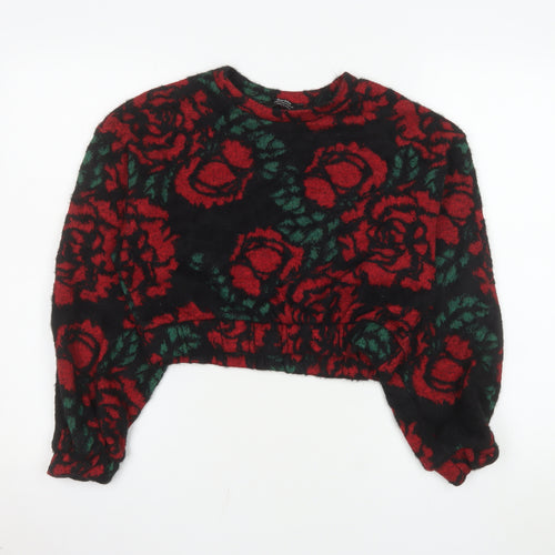 Bershka Women Black Red Floral Pullover Sweater Size M Wool Blend