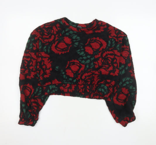 Bershka Women Black Red Floral Pullover Sweater Size M Wool Blend