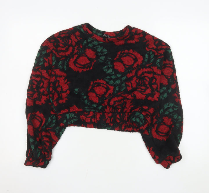 Bershka Women Black Red Floral Pullover Sweater Size M Wool Blend