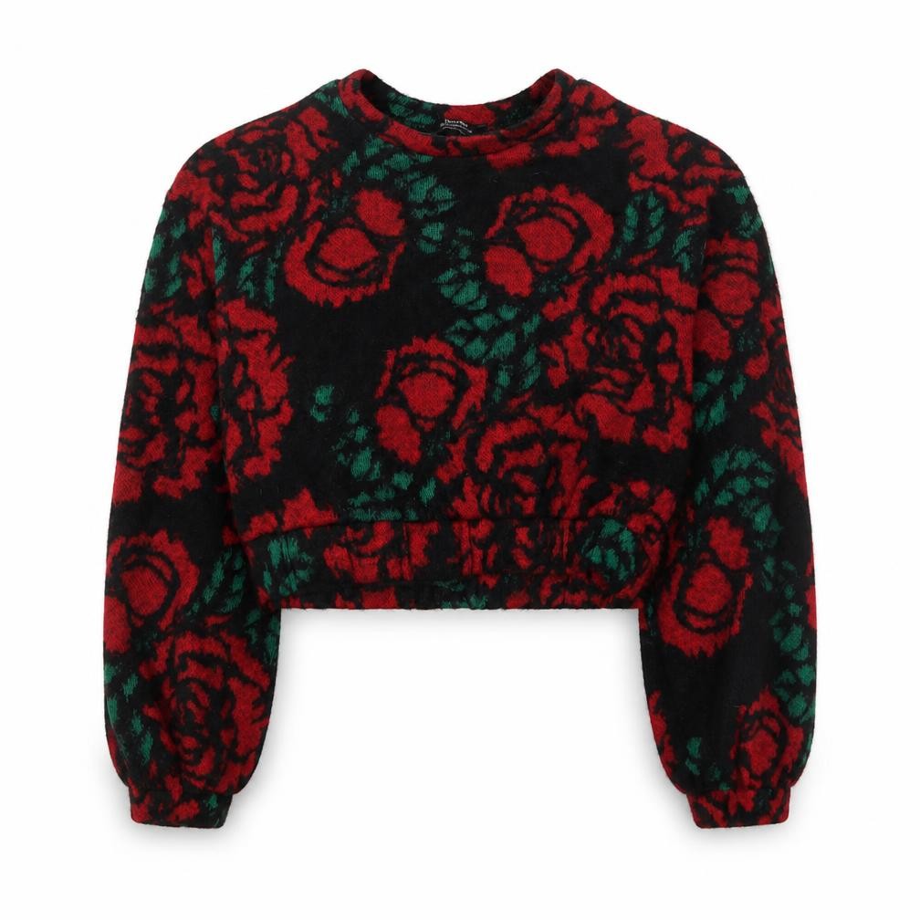 Front view of Bershka Women Black Red Floral Pullover Sweater, size M, Wool Blend