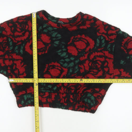 Bershka Women Black Red Floral Pullover Sweater Size M Wool Blend