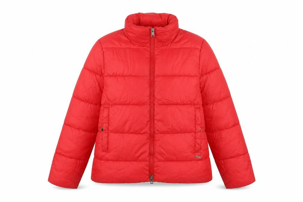Front view of Guess Women's Red Puffer Jacket, size 6, Quilted Winter Coat