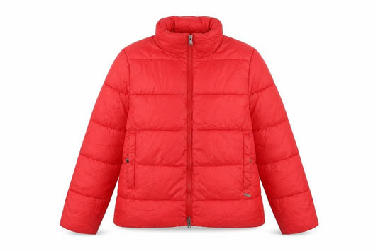 Front view of Guess Women's Red Puffer Jacket, size 6, Quilted Winter Coat